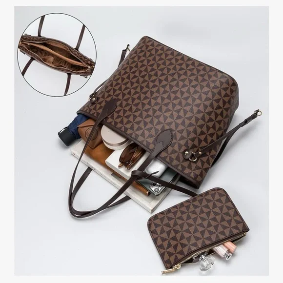 Elegant Brown Patterned Tote Bag with Pouch - Picture 7 of 7